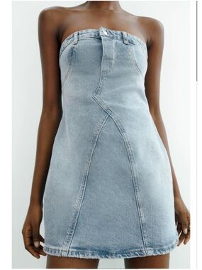 Zara TRF strapless denim mini dress in a light blue wash